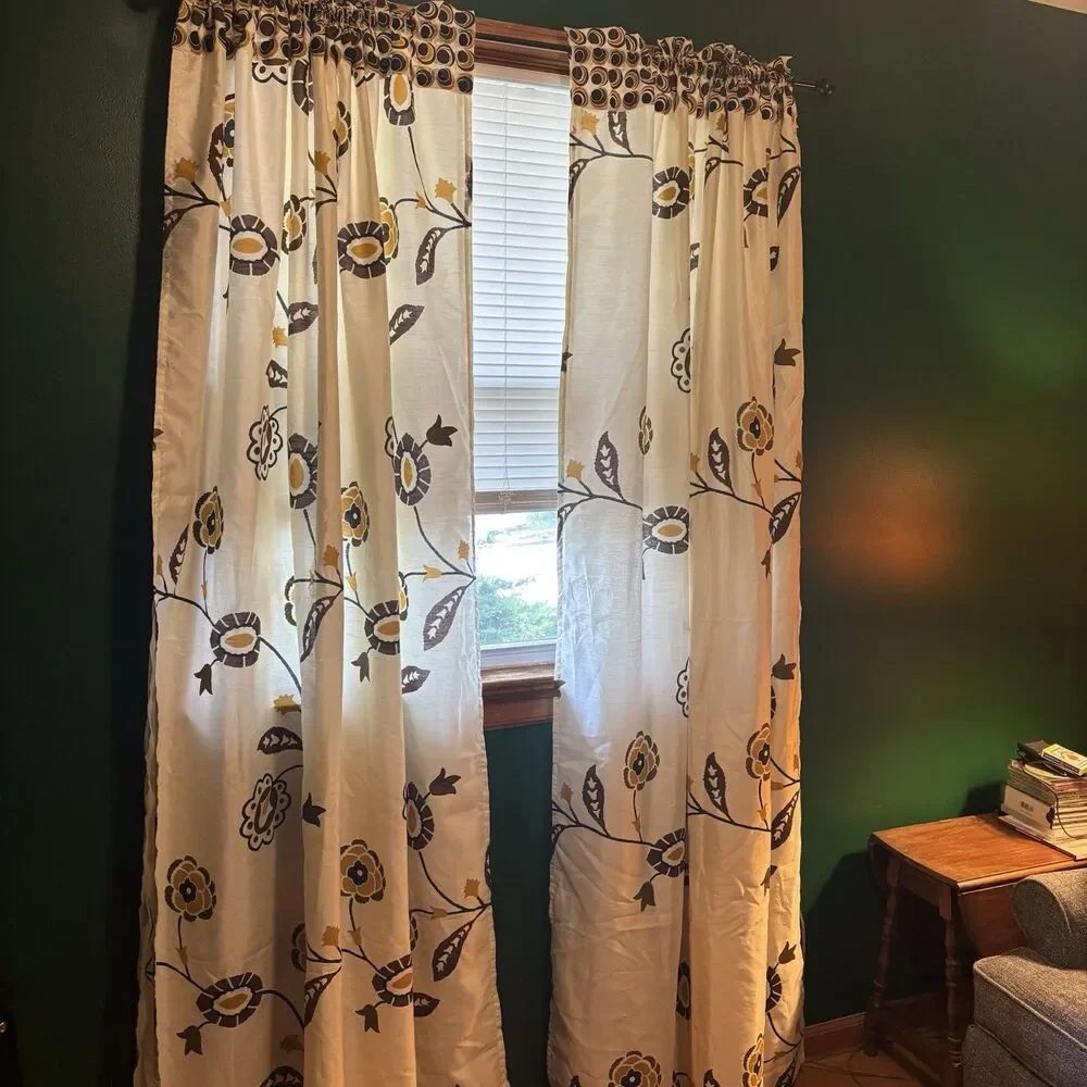 Pier 1 Imports West End Window Curtain Panels Floral Boho Cream Gold Brown Set 2